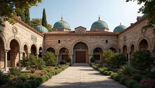 Intricate stone carvings, ornate domes, grand archways, vibrant mosaics, golden accents, rustic terracotta tiles, curved rooflines, ornamental finials, weathered copper cladding, aged brick facades, B