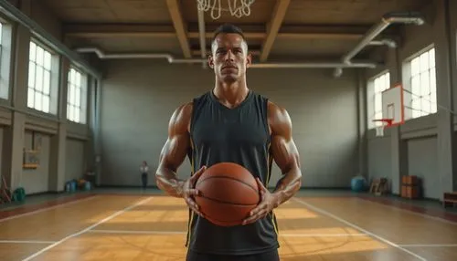 Modern gymnasium interior, incorporating plastered concrete walls, high ceilings with exposed ductwork, polished wooden floors, basketball court markings, sports equipment scattered around, athletic m