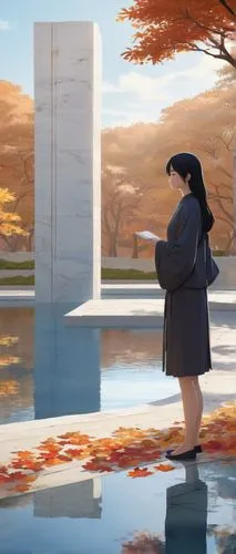 reflecting pool,memorials,hosoda,remembrance,commemoration,autumn frame,reflect,one autumn afternoon,memorial,what is the memorial,reflects,girl walking away,reflection,9 11 memorial,reflecting,monuments,the autumn,overlook,monoliths,remembered,Illustration,Japanese style,Japanese Style 03