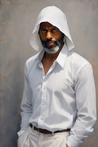 homem negro com barba usando capuz,an oil painting of a black man in white shirt,pendergrass,latimore,ikechukwu,tunji,black businessman,afolayan,Digital Art,Impressionism