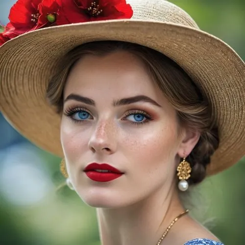 girl wearing hat,red hat,woman's hat,vintage woman,elizaveta,straw hat,Photography,General,Realistic