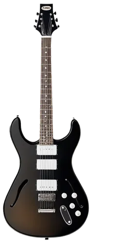 Electric guitar, high-definition, detailed frets, shiny metal strings, brown wooden neck, white pearl inlays, black body, chrome knobs, silver bridge, close-up shot, shallow depth of field, dramatic l