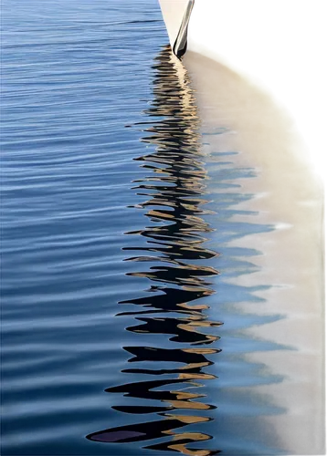 Sleek yacht, white hull, blue stripes, shiny surface, reflections on water, sail up, ropes tied, anchor dropped, morning sunlight, rippling waves, 3/4 composition, soft focus, warm color tone.,reflect