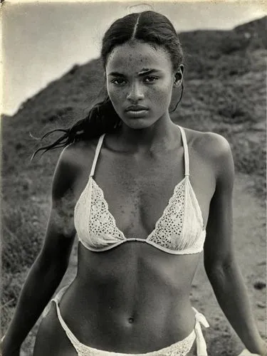 The same scene as a black and white photo. However, the freckles should be visible.,a woman in bikini standing on top of a mountain,polynesian girl,kaikini,peruvian women,cardinale,edwige,brandi,Photo