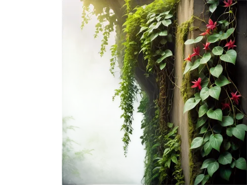 Vibrant greenery, exotic flowers, intricate leaves, vines crawling up walls, natural textures, earthy tones, misty atmosphere, soft focus, warm lighting, 3/4 composition, shallow depth of field, cinem