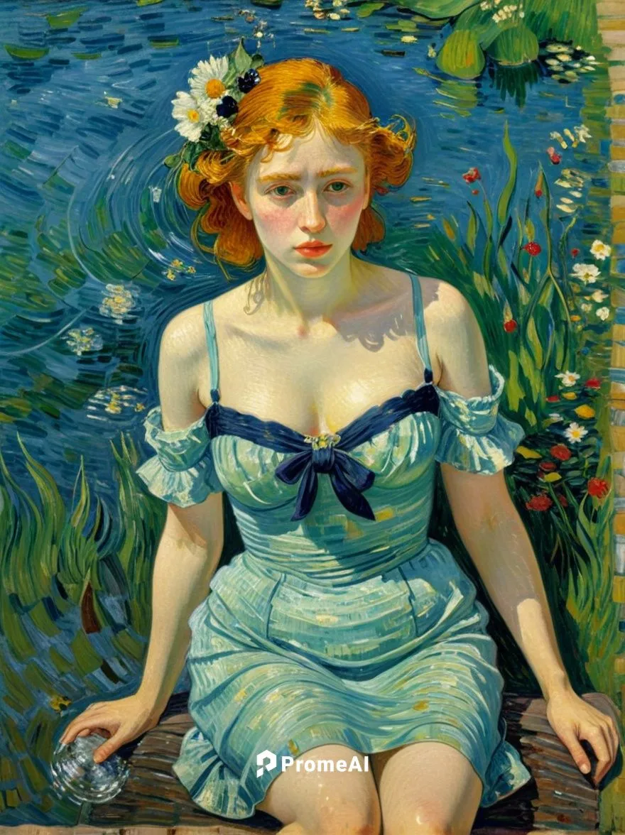 Bathing beauty. Let the motif appear as a French impressionist painting as if it had been painted by Vincent van Gogh.,there is a painting of a girl sitting in the grass,girl on the river,the blonde i