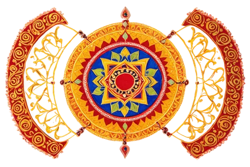 Navratri symbol, Hindu festival, colorful garba, intricate design, circular shape, sacred geometry, golden border, red and orange hues, ornate patterns, symmetrical composition, close-up shot, soft fo