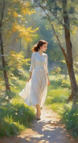 a woman walking on a path next to trees,woman walking,walking in a spring,sargent,girl in a long dress,girl in the garden,girl walking away,Digital Art,Impressionism