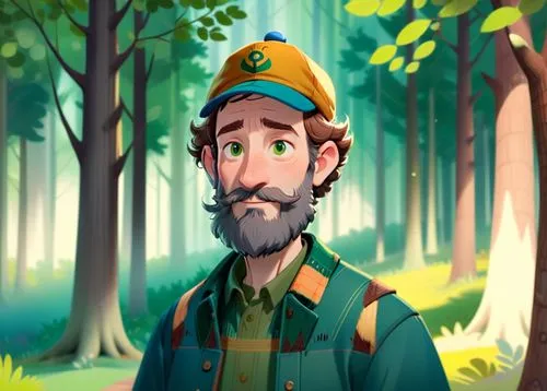 A 50 year old man, he is a forester, he is wearing an blue cap with a logo on it, his beard is greay and chesnuts colored, he is wearing forester clothes green and brown colored, he has a few rickles 