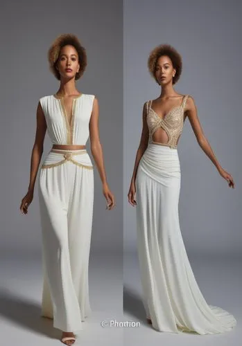 two dresses, one in white, are on display,refashioned,diahann,a floor-length dress,wedding dresses,bridal gown,eveningwear,Photography,General,Realistic