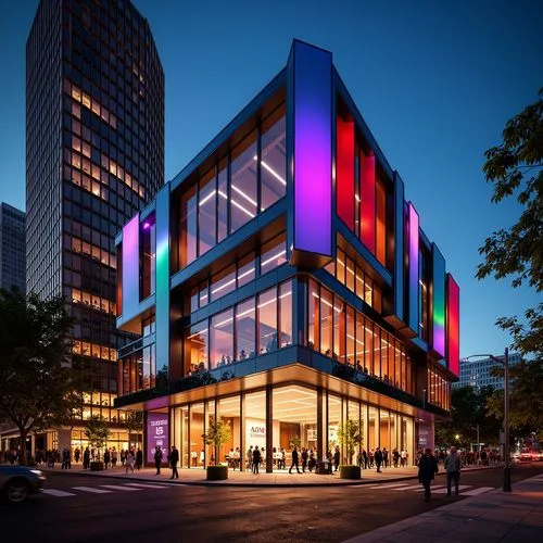 Vibrant casino facade, geometric Bauhaus patterns, bold color blocking, metallic accents, LED light installations, futuristic neon signs, angular glass surfaces, cantilevered structures, dynamic shape