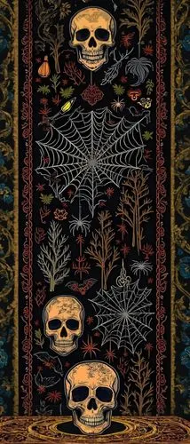 skulls and other items are depicted on this tapestry,tapestry,halloween border,bandana background,halloween background,stage curtain,halloween wallpaper