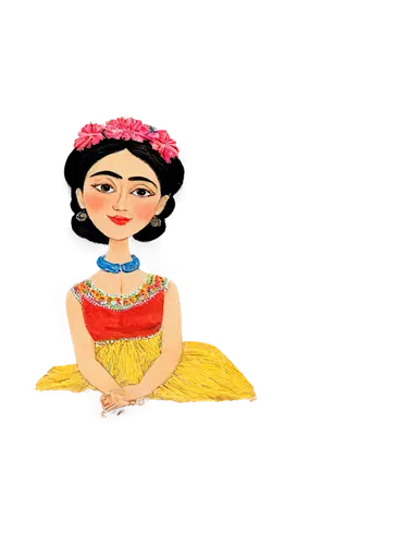 Frida Kahlo, cartoon style, colorful, solo, (30yo), dark eyebrows, bright red lips, floral headband, traditional Mexican dress, long skirt, embroidered blouse, multiple layered necklaces, vibrant flow