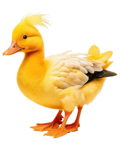 Yellow Citroen duck, shiny feathers, orange beak, webbed feet, fluffy tail, standing, cute expression, bright eyes, soft lighting, 3/4 composition, shallow depth of field, warm color tone, cinematic l