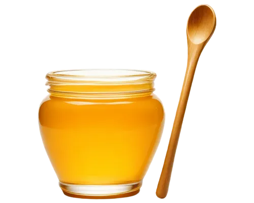 Golden honey, liquid texture, transparent glass jar, wooden spoon, morning sunlight, soft focus, 3/4 composition, shallow depth of field, warm color tone, realistic rendering.,honey products,honey jar