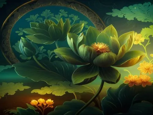 lotus blossom,lotuses,lotus flowers,golden lotus flowers,lotus flower,waterlily,Illustration,Abstract Fantasy,Abstract Fantasy 19