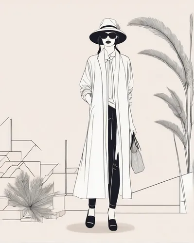 fashion vector,fashion sketch,fashion illustration,woman in menswear,one-piece garment,shopping icon,panama hat,botanical line art,mannequin silhouettes,menswear for women,marrakech,woman walking,summer line art,travel woman,jumpsuit,camera illustration,long coat,ordinary sun hat,woman shopping,chef's uniform,Illustration,Retro,Retro 07