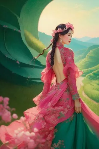 an elegant asian lady, wearing a deep pink cherry backless flowy dress, the background of beautiful deep emerald terraced fields,a painting of a girl wearing a gown, pink and green colors, in front of