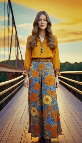 hippie fabric,yellow jumpsuit,boho,70s,southwestern,hippy,solar plexus chakra,hippie,yellow orange,viola bridge,aurora yellow,women fashion,bohemian,vintage clothing,vintage fashion,hippie time,the blonde in the river,warm colors,boho background,retro woman,Illustration,Retro,Retro 05