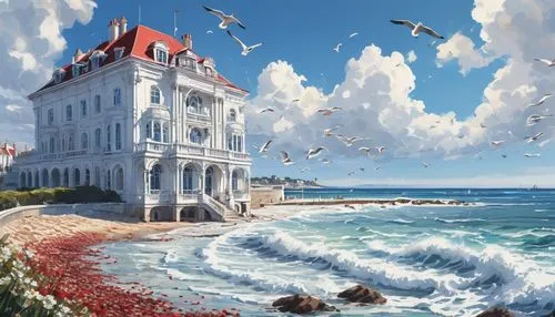 seaside resort,house of the sea,donsky,miramare,seaside country,seafront,seaside view,fantasy picture,oceanfront,seaside,sea landscape,ocean view,beachfront,rosecliff,shorefront,by the sea,world digital painting,coastal landscape,cliffside,cliffs ocean,Illustration,Paper based,Paper Based 20