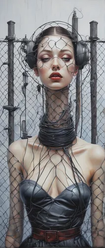 barb wire,cybernetics,harnessed,barbwire,biomechanical,streampunk,high-wire artist,electric fence,telephone operator,cyberpunk,leashed,cyberspace,woman thinking,sci fiction illustration,chainlink,barbed wire,warrior woman,captivity,cyber,cyborg,Conceptual Art,Daily,Daily 14