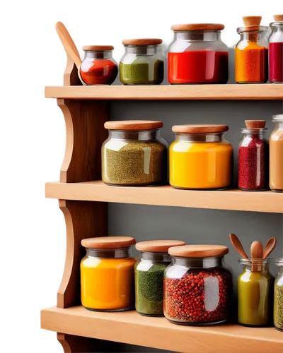 colored spices,spice rack,cosmetics jars,spices,indian spices,condiments,glass containers,larder,wooden shelf,kitchenware,vinaigrettes,jars,tealights,jam jars,pantry,herbs and spices,naturopathy,honey products,honey jars,shelves,Illustration,Realistic Fantasy,Realistic Fantasy 07