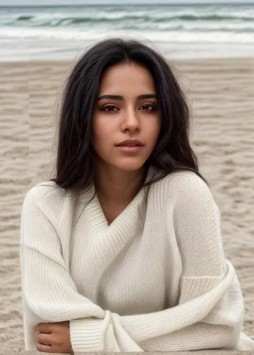 a portrait half body of a beautiful latina 24 years old black hair wearing a red top and transparent white wool sweater stand up in the beach as background in 4k,beach background,girl on the dune,yoga