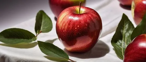 Fruitiger Aero Apple, shiny red skin, detailed texture, juicy pulp, green leafy stem, hovering above a modern white tablecloth, natural indirect lighting, still life composition, warm color tone, high