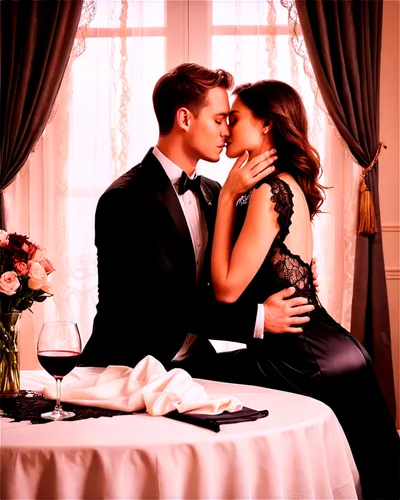 Couples, embracing, kissing, tender moment, gentle hands, soft facial expressions, warm candlelight, dimly lit room, elegant furniture, satin sheets, lace curtains, flowers on table, wine glasses, 3/4