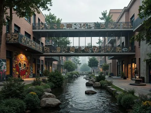 Eclectic bridge, ornate iron railings, intricate stone carvings, vibrant graffiti murals, suspended walkways, rustic wooden accents, industrial metal beams, flowing water features, lush greenery, natu