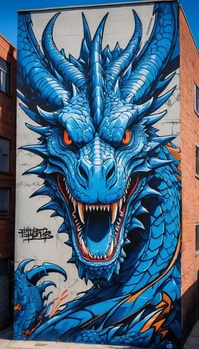 a massive all blue giant dragon   . ,an image of a dragon painted on the side of a building,roa,painted dragon,drakon,drexel,dragones,fire breathing dragon,Conceptual Art,Graffiti Art,Graffiti Art 07