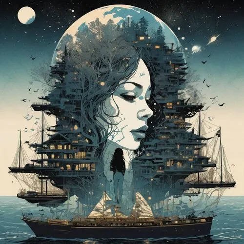 By Paul Lovering and Mattias Adolfsson and Russ Mills and Victo Ngai :: Double exposure, dual exposure!! Front view :: The beautiful galaxy dripping into a world of star trees and cities and oceans an