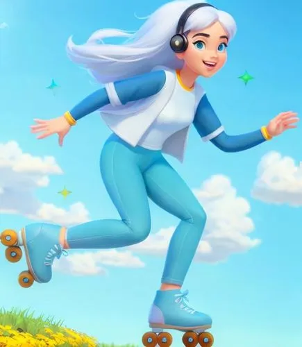 a  is riding roller skates in the grass,woman free skating,flying girl,gnome skiing,emara,speedskater,smurfette,Common,Common,Cartoon