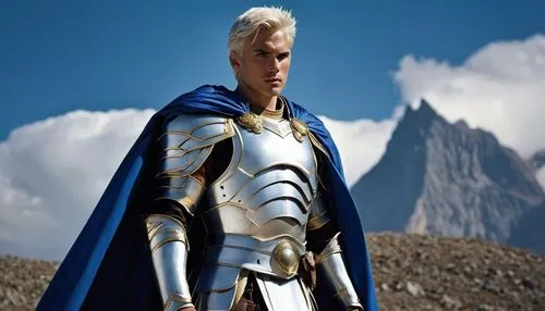 Male, air genasi paladin, young adult, athletic build, short silver hair, blue eyes, scar above left eyebrow, white armor set with golden trim, silver sword at side, blue cape flowing behind, standing