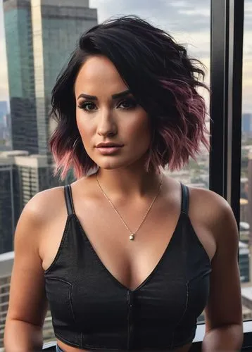 Demi Lovato, mature lady, solo, (25yo), beautiful detailed eyes, bold eyebrows, dark hair, light blush, glamorous makeup, white tank top, high-waisted ripped jeans, black boots, elegant necklace, conf