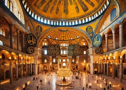 Hagia Sophia, grandeur, Byzantine architecture, majestic dome, intricate mosaics, golden light, ornate details, ancient stone walls, imposing pillars, arches, vaulted ceilings, grand entrance, intrica