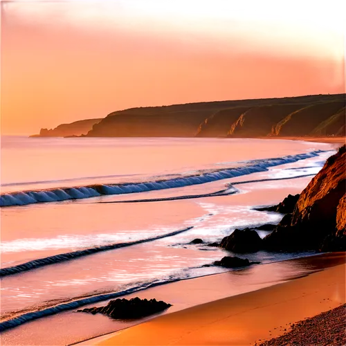 Seaside sunrise, warm golden light, soft mist, gentle waves, sandy beach, rocky shore, lone figure in distance, peaceful atmosphere, shallow depth of field, vivid color tone, horizontal composition, p