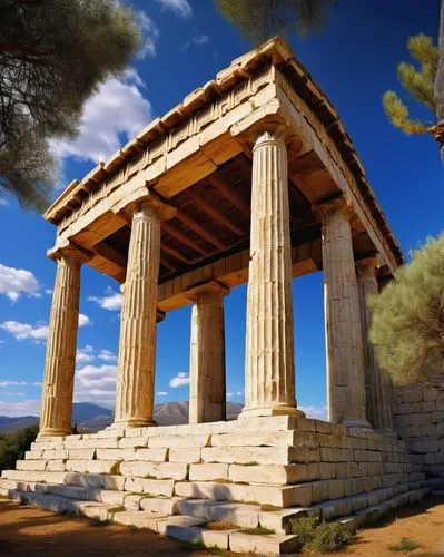 Ancient Greek temple, Doric columns, stone marble, intricate carvings, grand entrance, symmetrical facade, bright blue sky, few puffy white clouds, warm sunlight, dramatic shadows, low-angle shot, his