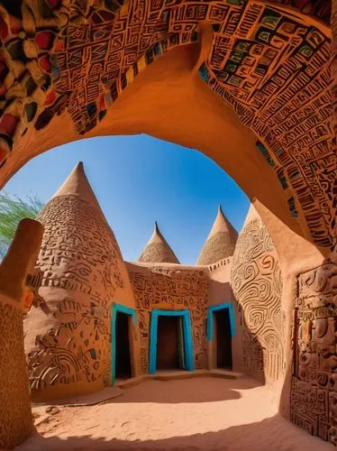 Grand Sudano-Sahelian style, Kéré architecture, Burkina Faso, mud-brick buildings, rounded adobe structures, conical thatched roofs, wooden doors with intricate carvings, narrow windows, ornate facade