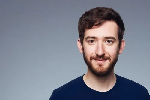 man smiling in a blue tee against a gray background,mathas,botolan,kovic,ajr,hutts,middleditch,Illustration,Paper based,Paper Based 27