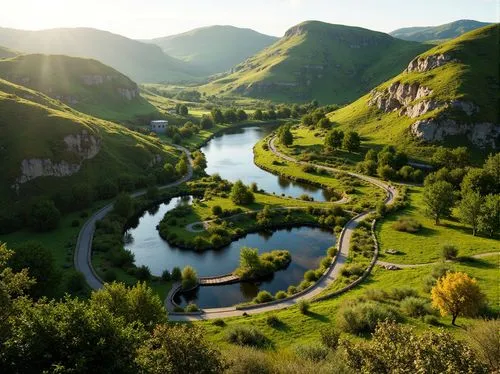 Undulating hills, serpentine roads, winding water features, organic curvilinear forms, harmonious landscape integration, lush green vegetation, vibrant wildflowers, meandering pathways, rustic stone w