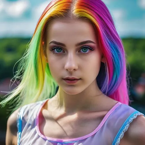 Girl with long rainbow hair close up ballerina cyber skil dress pretty face girl close up photo shot view,rainbow unicorn,colorful,rainbow background,rainbow colors,multi-color,rainbow waves,multi col