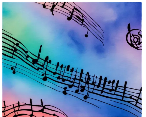 Music notes picture, colorful notes, scattered on paper, treble clef, bass clef, piano keys background, soft focus, warm light, shallow depth of field, 3/4 composition, delicate lines, ornate details,