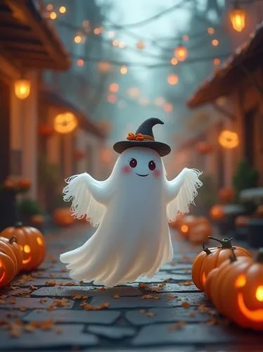 A realistic depiction of a ghost with a slightly cute Halloween twist. The ghost has a translucent, wispy form with a gentle, friendly expression. It is wearing a small, whimsical Halloween-themed hat