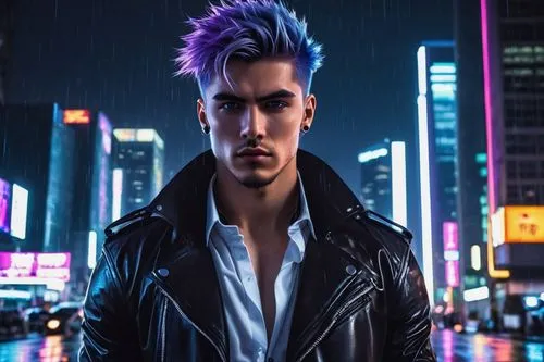 Muscular Shota, purple spiky hair, piercing blue eyes, sharp facial features, silver earrings, black leather jacket, white shirt, skinny tie, dark blue jeans, black boots, confident stance, city stree