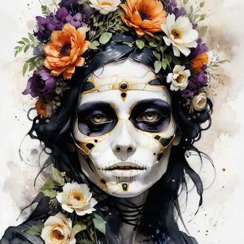 floral skull,day of the dead,catrina calavera,la calavera catrina,la catrina,boho skull,Illustration,Paper based,Paper Based 20