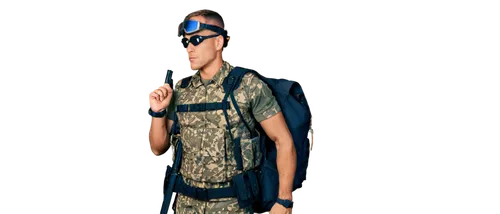 Military soldier, male, muscular build, camouflage uniform, helmet, goggles, rifle, backpack, standing, powerful pose, serious facial expression, detailed wrinkles, strong jawline, intense eyes, after