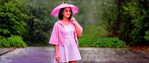 Spring rain scene, misty atmosphere, petals on wet pavement, droplets on windowpane, raindrops on hair, gentle female face, soft smile, bright eyes, curly brown hair, pastel pink umbrella, transparent