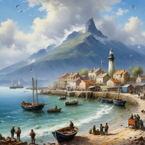 fishing village,novigrad,fantasy picture,coastal landscape,world digital painting,fantasy landscape,Conceptual Art,Oil color,Oil Color 06