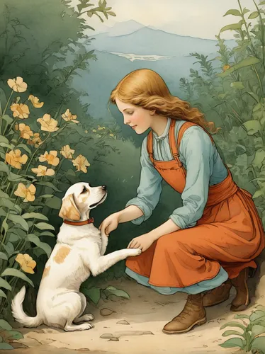 girl with dog,girl picking flowers,companion dog,boy and dog,dog illustration,kate greenaway,puppy pet,beaglier,sound of music,picking flowers,jack russel,vintage illustration,labrador,girl in the garden,pet,labrador retriever,piasecki hup retriever,girl picking apples,the good shepherd,st. bernard,Illustration,Retro,Retro 19